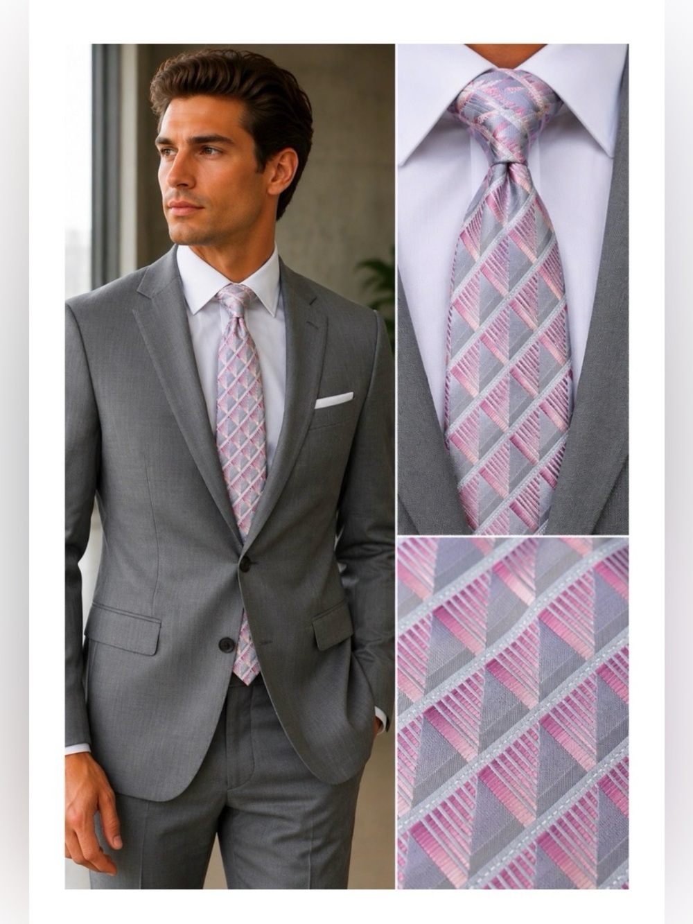 STATEMENTS Grey and Pink Printed Silk Tie